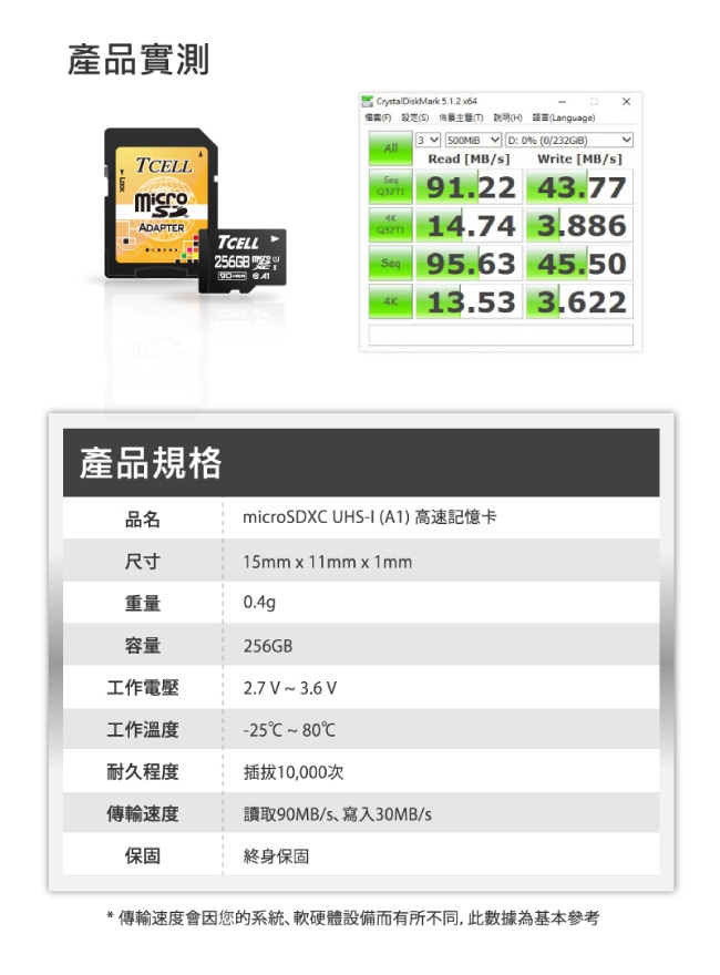 TCELL冠元 MicroSDXC UHS-I(A1) 256GB 90MB/s高速記憶卡