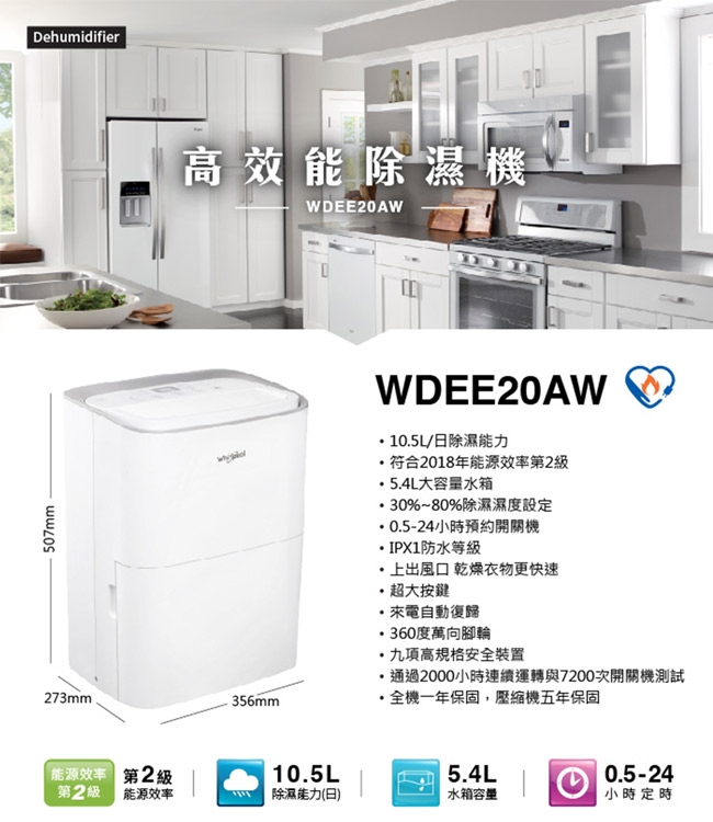 Whirlpool惠而浦 10.5L 2級清淨除濕機 WDEE20AW