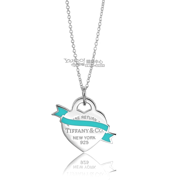 Tiffany&Co.藍色琺瑯緞帶愛心925純銀項鍊