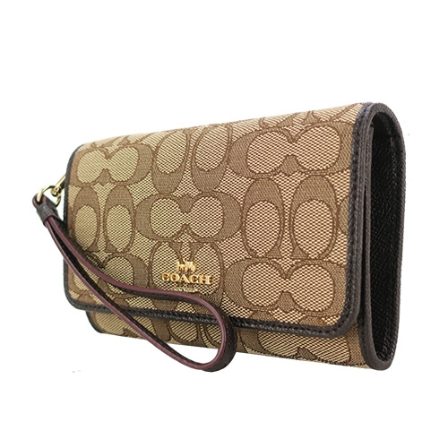 COACH 立體馬車緹花織布翻蓋手掛式中夾(禮盒組)(卡其咖)