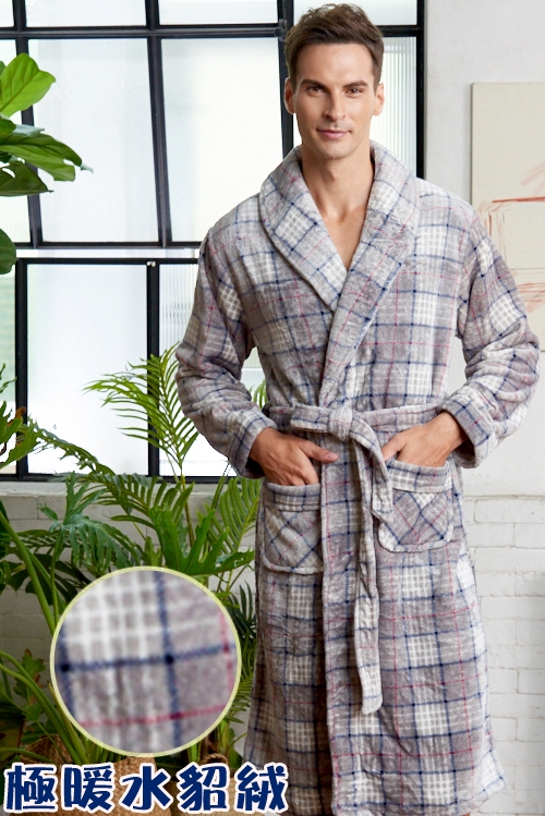 睡袍 極暖水貂絨男性睡袍(R80229-6灰格紋)蕾妮塔塔