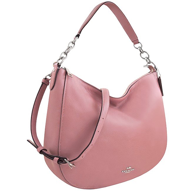 COACH 玫瑰色荔枝紋皮革肩背/斜背兩用包-大型