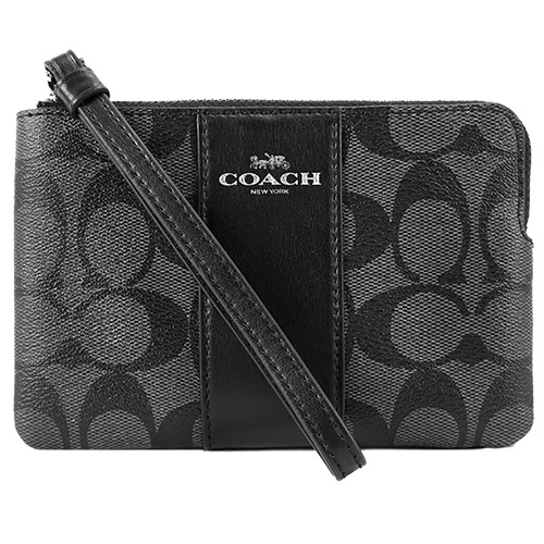 COACH 新款燙印馬車 PVC 直紋拉鍊手拿包(黑灰)