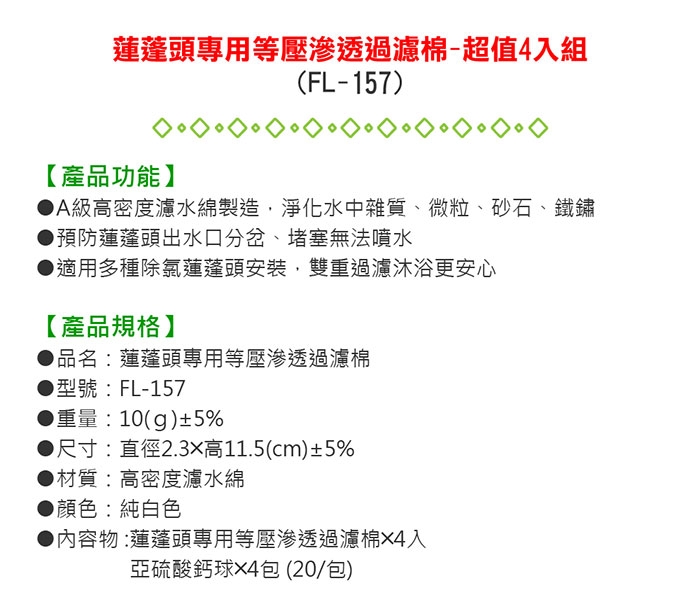 【FL生活+】超值4入組蓮蓬頭專用等壓滲透過濾棉(一年份補充包組)