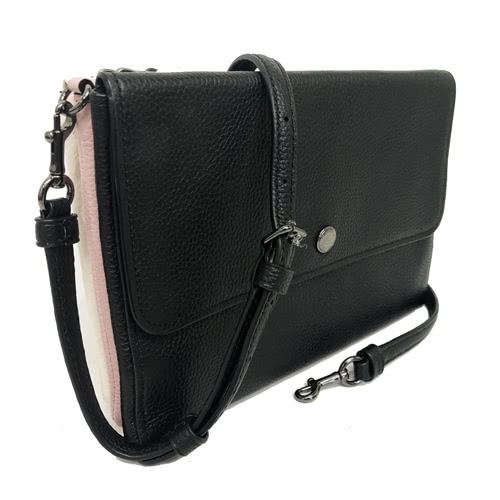 COACH 翻蓋釦式牛皮三夾層長夾斜背包(黑/粉/米白)