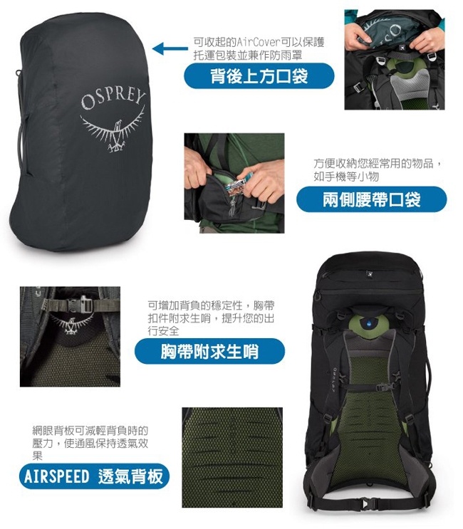 OSPREY 新款 Farpoint Trek Pack 55L 多功能自助旅行包_黑 R