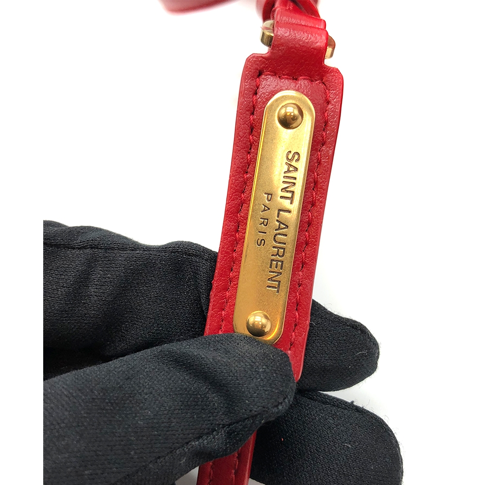 YSL MONOGRAM 山型紋小牛皮復古金屬LOGO金鍊流蘇相機斜背包(紅)