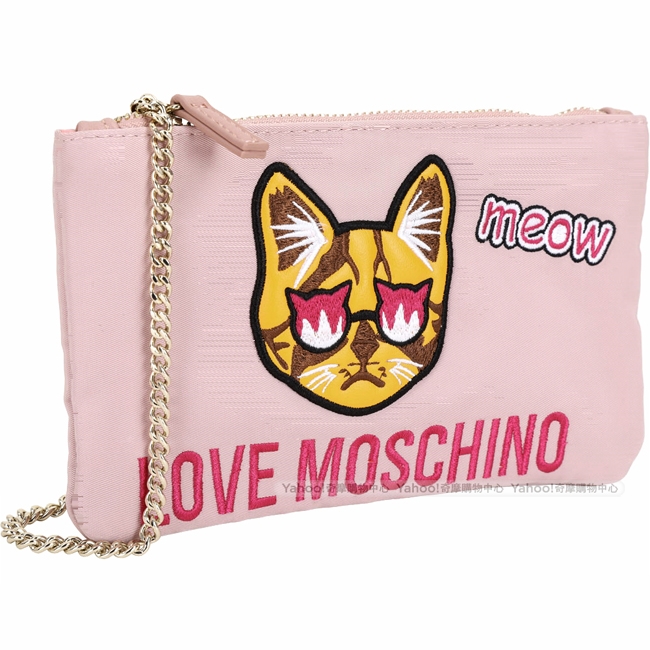 LOVE MOSCHINO 貓咪圖案尼龍手拿/鍊帶包(淺粉色)