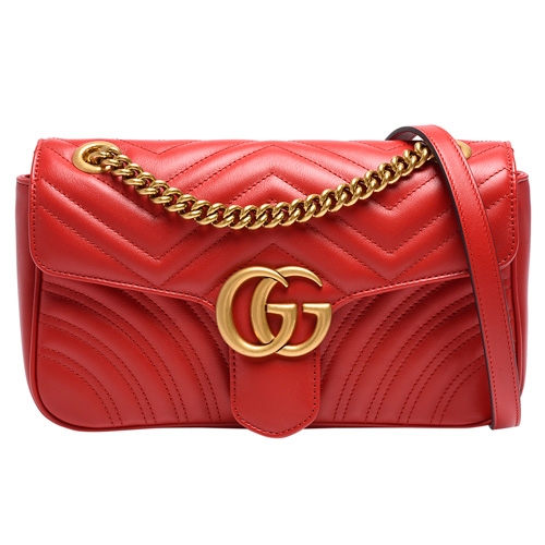 GUCCI GG Marmont絎縫紋牛皮金屬雙G LOGO暗壓釦手拿/斜背包(紅)