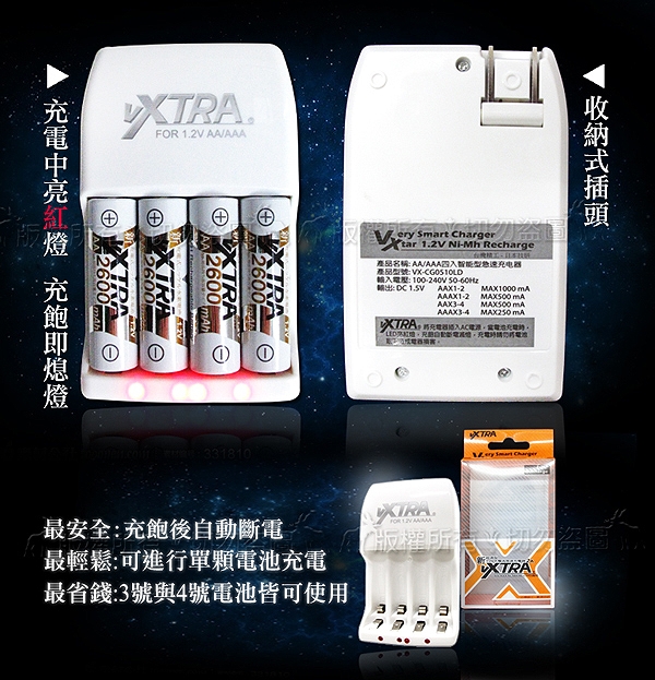 TOSHIBA東芝3號低自放電鎳氫充電電池2600mAh(4顆)+VXTRA新經濟型充電器