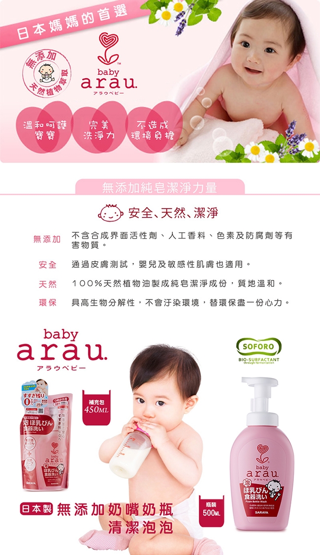 日本SARAYA-arau.baby無添加奶嘴奶瓶清潔泡泡500mL+補充包450mL