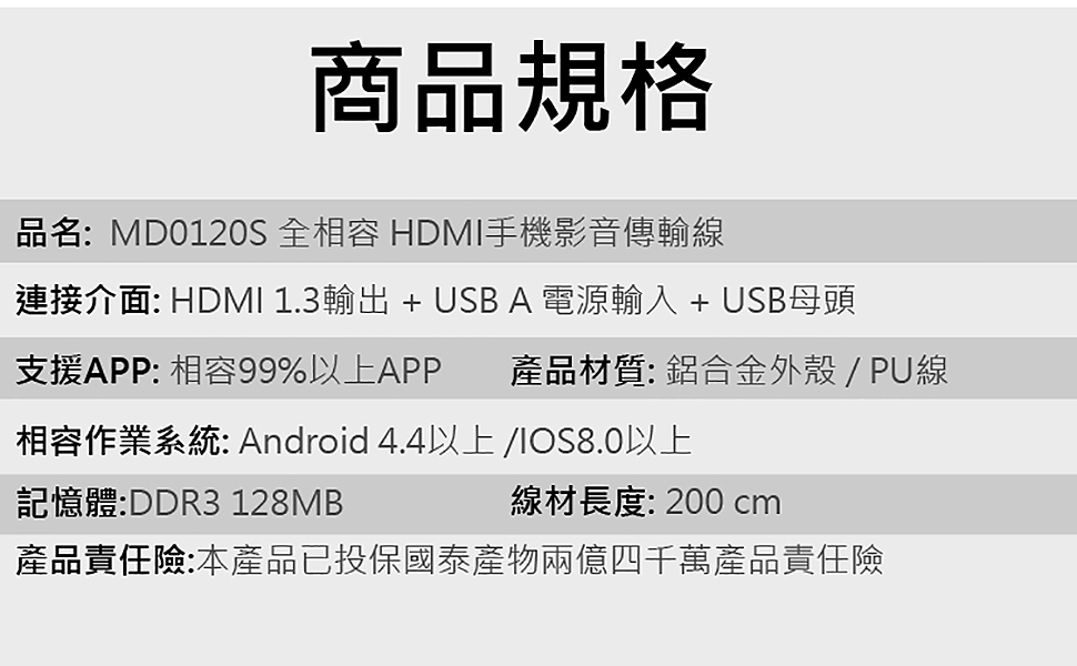 人因科技ERGOLINK 全相容HDMI手機影音傳輸線MD0120