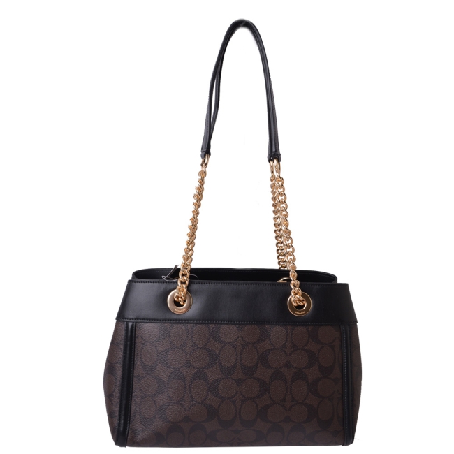 COACH金屬馬車牛皮荔枝紋磁扣金鍊托特包-經典咖啡緹花