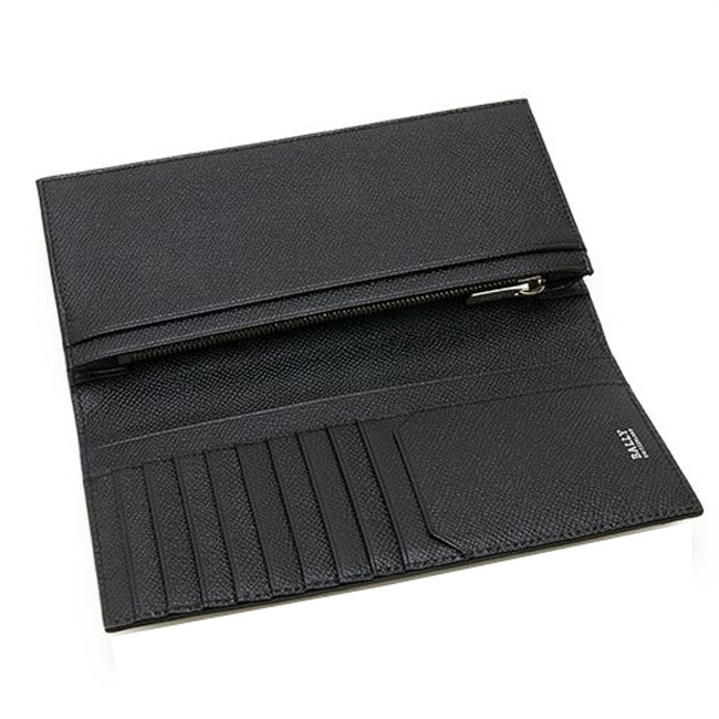 BALLY字母LOGO 紅白條紋 防刮牛皮長夾 (經典黑)