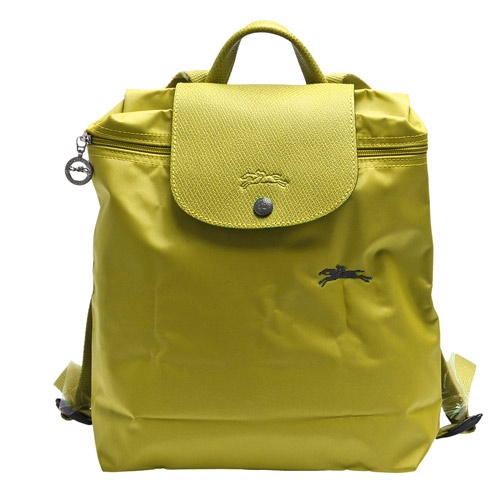 LONGCHAMP 經典LE PLIAGE系列刺繡摺疊暗釦/拉鍊後背包(檸檬黃)