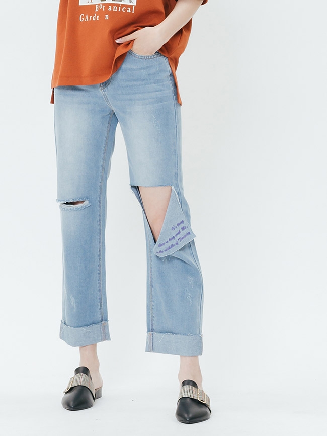 H:CONNECT 韓國品牌 女裝-破損設計反折牛仔褲-藍