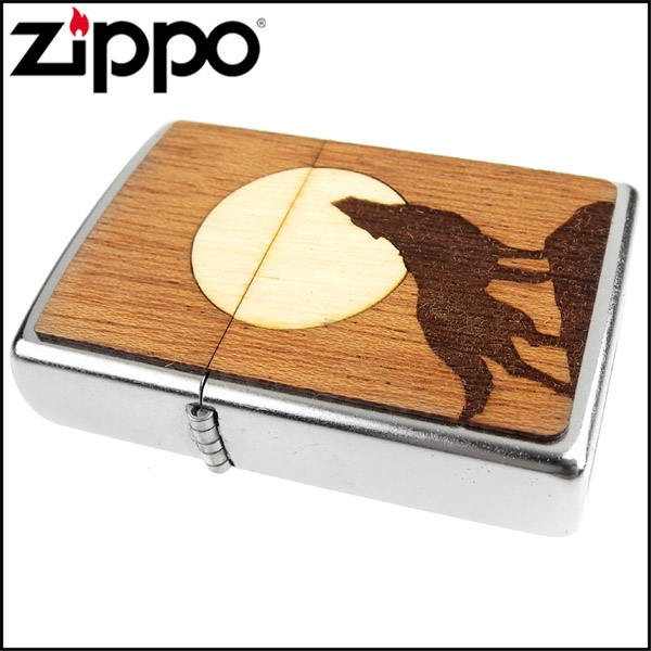 ZIPPO 美系~Howling Wolf-狼嚎月亮圖案-實木貼片打火機