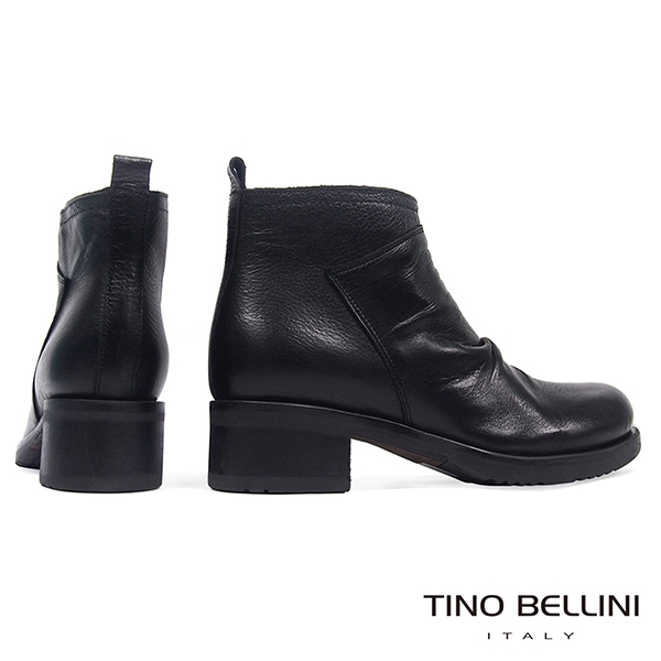 Tino Bellini義大利進口牛皮自然抓皺中跟短靴_黑