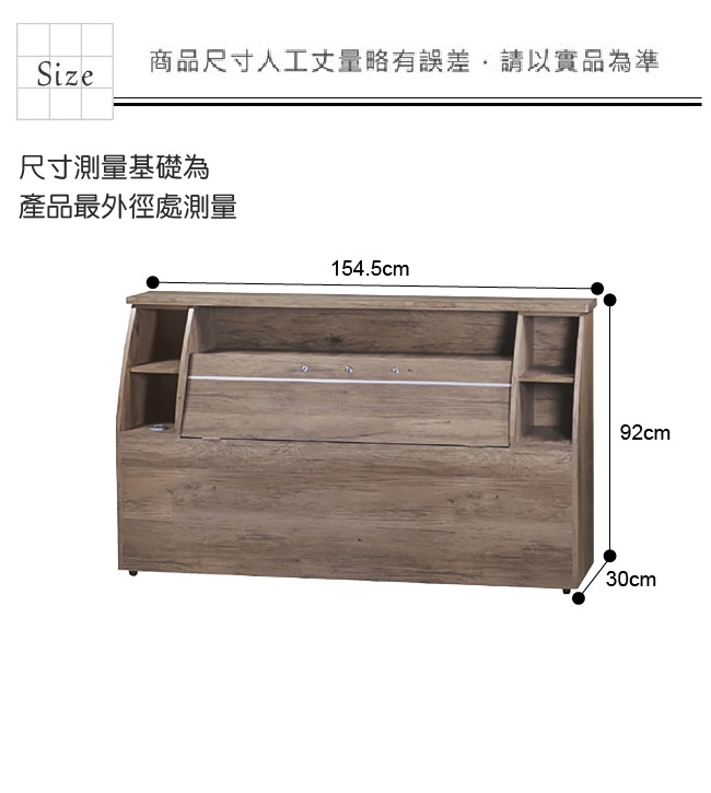 綠活居 普可時尚5尺雙人床頭箱-154.5x30x92cm免組