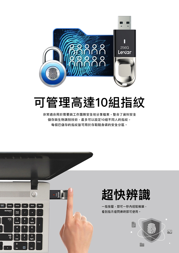 Lexar JumpDrive F35 USB3.0 指紋加密隨身碟 64GB