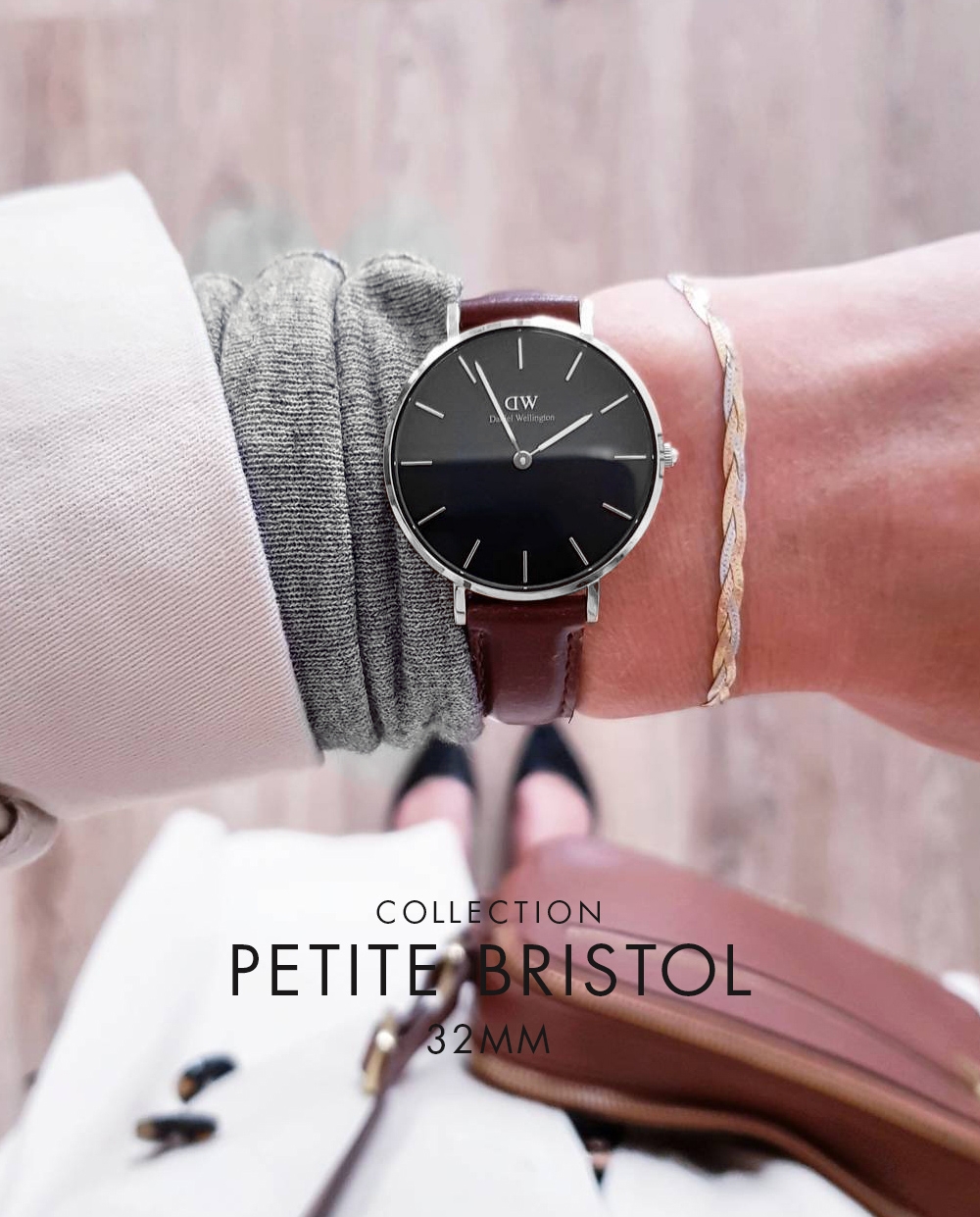 Daniel Wellington DW 手錶Petite Bristol 32mm深棕色真皮皮革錶絕版