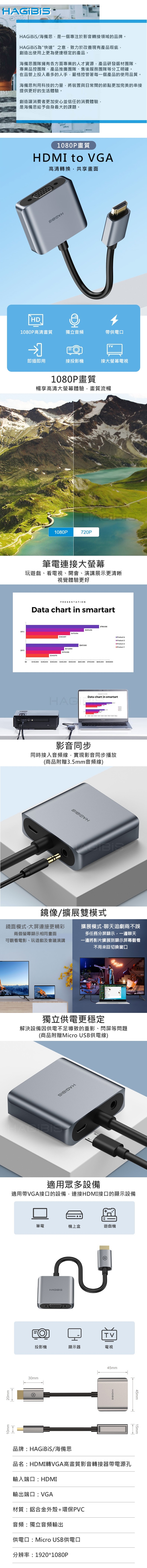 HAGiBiS海備思 HDMI轉VGA高畫質影音轉接器帶電源孔