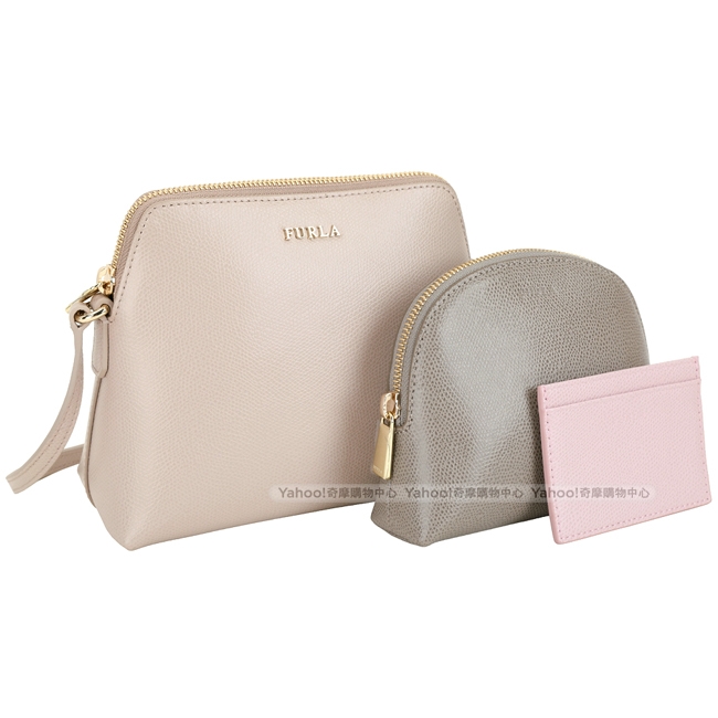 FURLA Boheme 附化妝包x卡片夾牛皮斜背包(燕麥色)