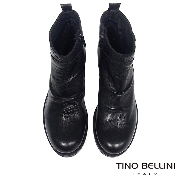 Tino Bellini義大利進口牛皮自然抓皺中跟短靴_黑