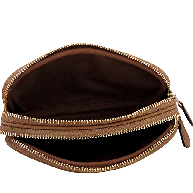 【限量10組】COACH 咖啡色荔枝紋皮革鍊帶雙層斜背包+咖啡色防刮皮革手拿包