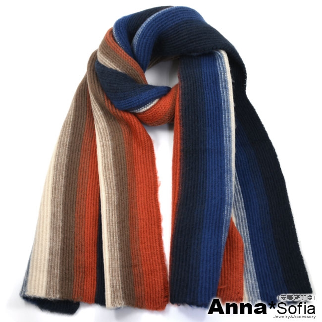 AnnaSofia 立體Q軟直紋條彩 厚織大披肩圍巾(藍橘米系)