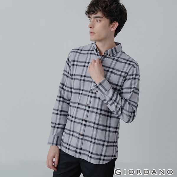 GIORDANO 男裝法蘭絨溫暖磨毛長袖襯衫-30 灰格紋