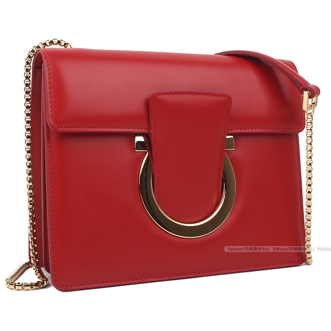 Salvatore Ferragamo THALIA 金色馬蹄飾小牛皮鍊帶包(紅色)
