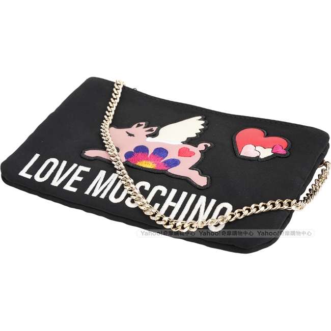 LOVE MOSCHINO 飛天豬尼龍手拿/鍊帶包(黑色)