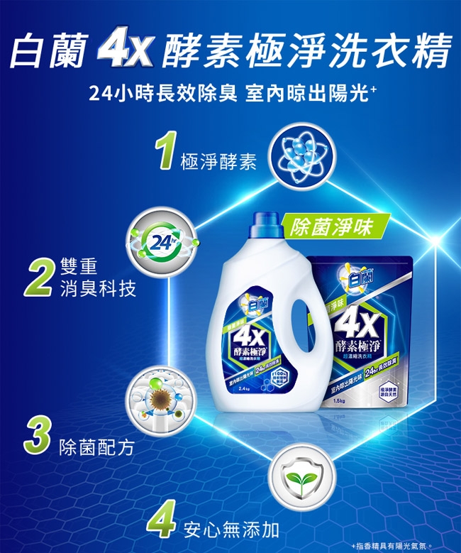 白蘭 4X酵素極淨超濃縮洗衣精1+6件組(2.4KGx1瓶+1.5KGx6包)-除菌淨味