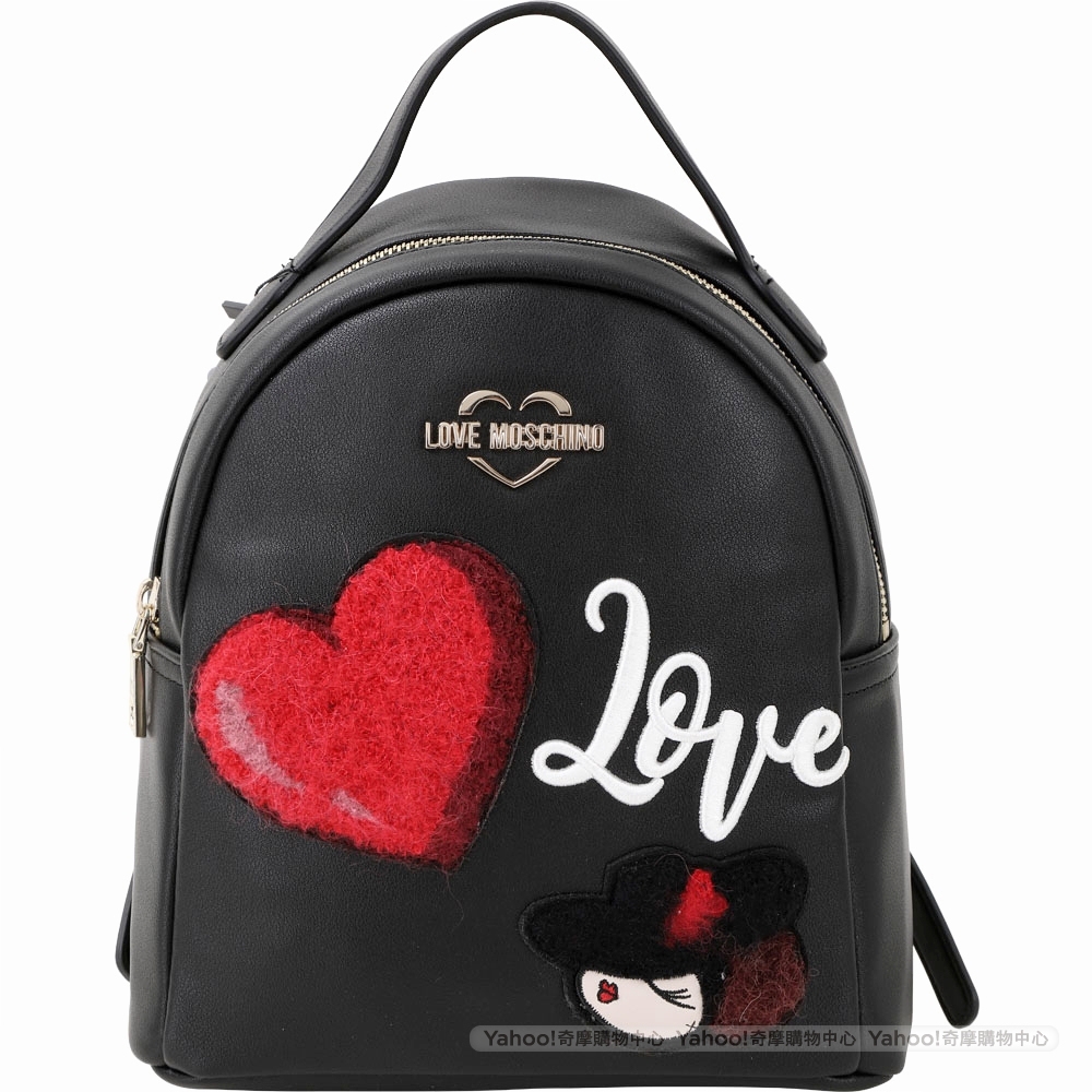 LOVE MOSCHINO 羊毛感刺繡娃娃皮革後背包(黑色)