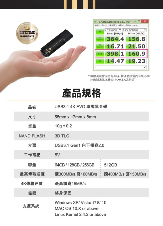 TCELL 冠元-USB3.1 512GB 4K EVO 璀璨黑金隨身碟