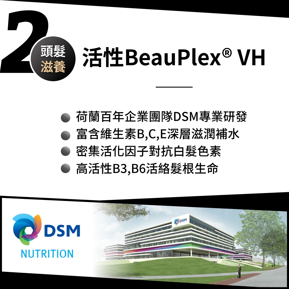 頭髮滋養活性BeauPlex® VH荷蘭百年企業團隊DSM專業研發 富含維生素B,C,E深層滋潤補水密集活化因子對抗色素高活性B3,B6活絡髮根生命DSMNUTRITIONDSM