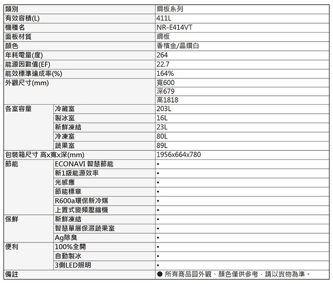 Panasonic國際牌411公升五門變頻冰箱NR-E414VT-W1晶鑽白