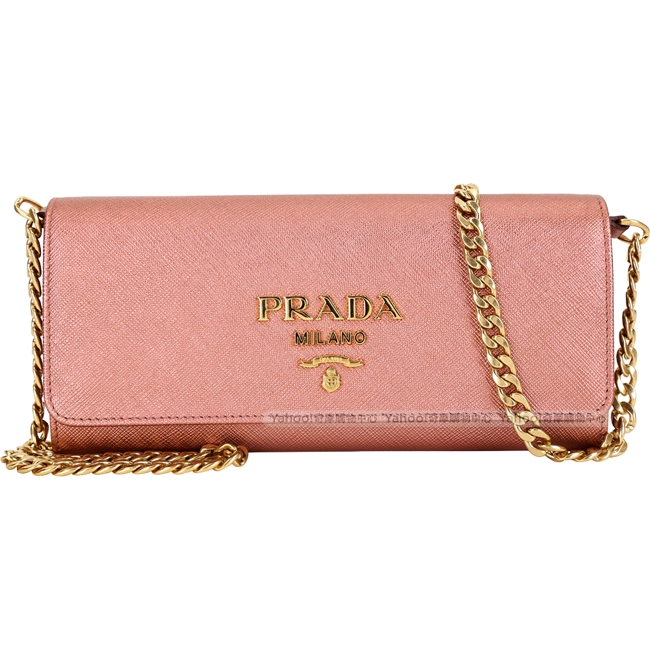 PRADA Saffiano 金屬色防刮牛皮鍊帶長夾/肩背包(香檳粉)