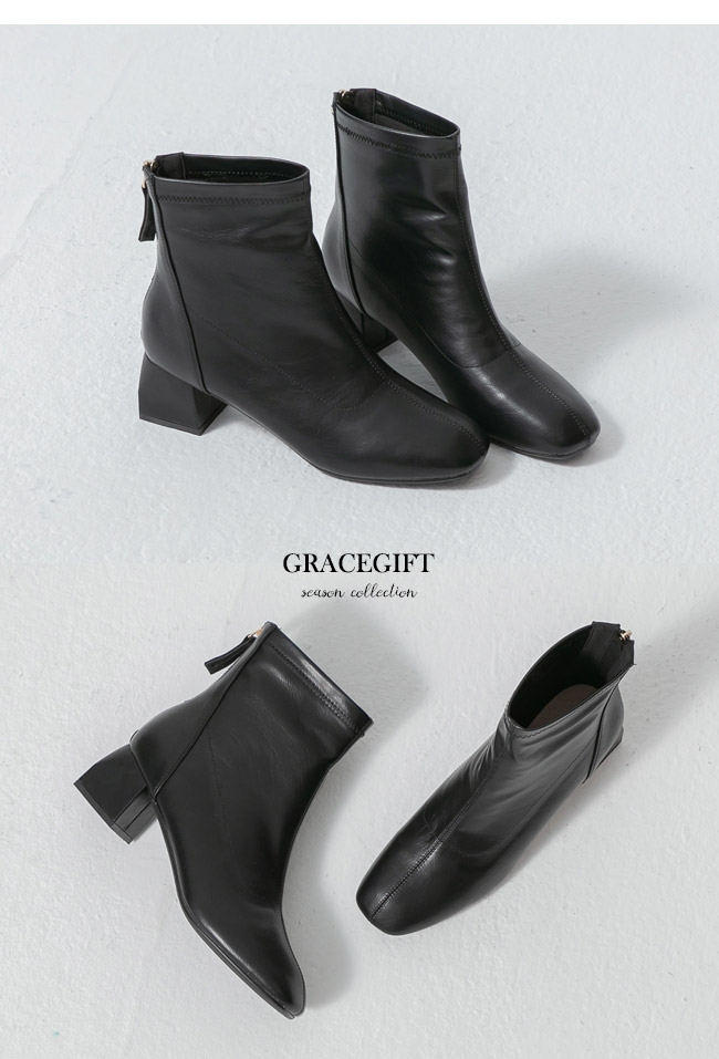 Grace gift-韓系方頭造型粗跟靴 黑
