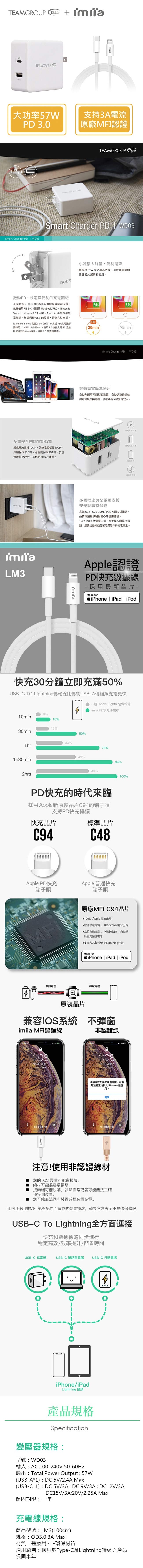 Team急速充電組-PD57W充電器+MFi認證TypeC to Lightning充電線