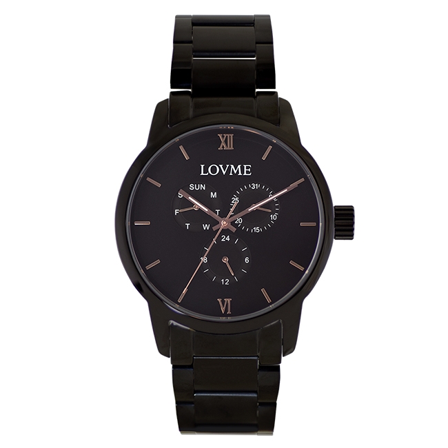 LOVME 紳士質感不鏽鋼三眼手錶-IP黑/43mm