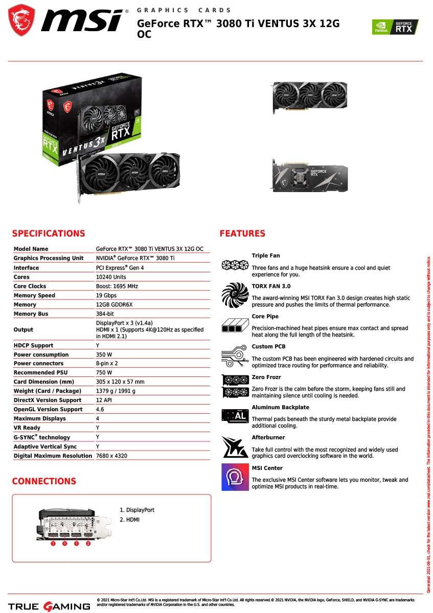 MSI 微星GeForce RTX3080 Ti VENTUS 3X 12G OC 顯示卡| RTX 30系列