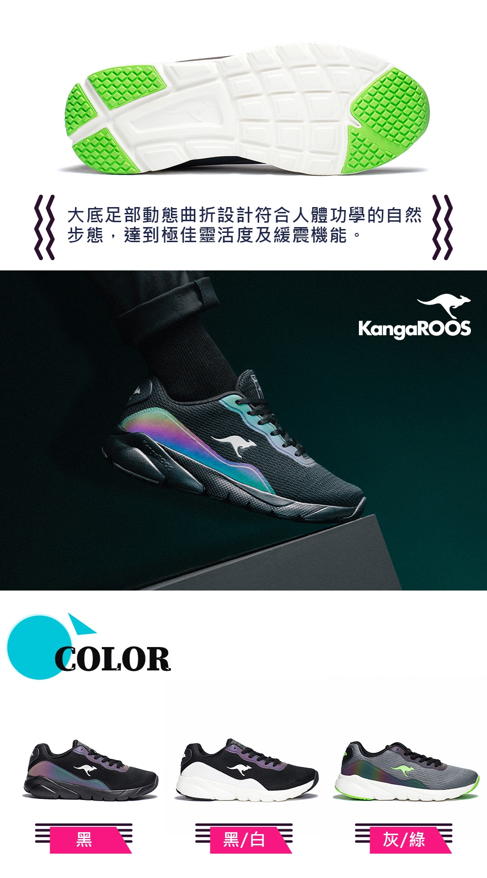 KANGAROOS RUN SWIFT 科技幻彩跑鞋(灰/綠)