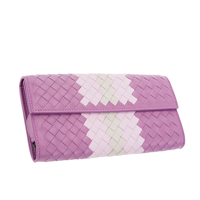 BOTTEGA VENETA 經典小羊皮雙色編織拉鍊長夾 (紫粉)