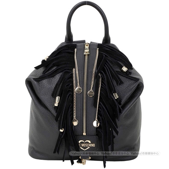 LOVE MOSCHINO 麂皮鍊飾流蘇牛皮後背包(黑色)