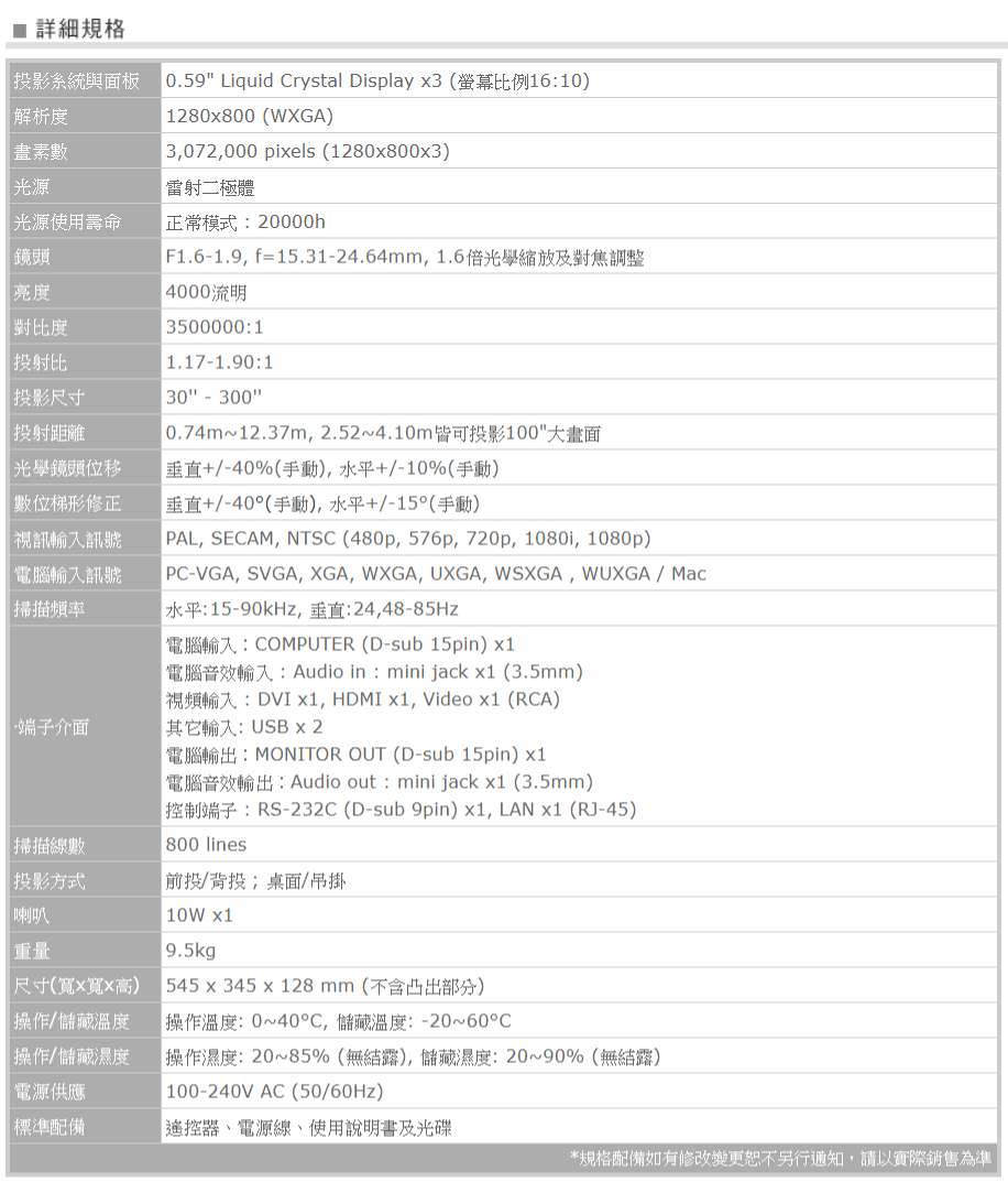 SHARP WXGA 4000流明 雷射投影機 PG-CA40W