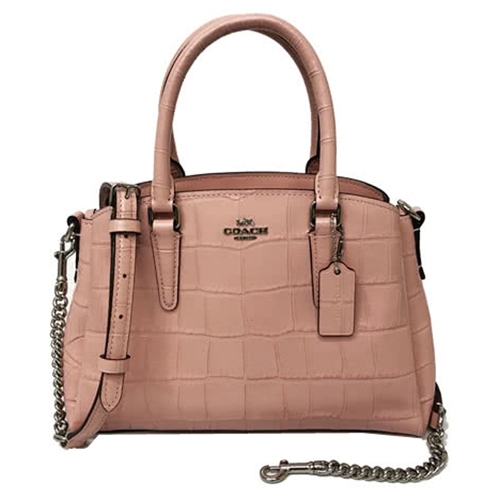 COACH 鱷魚紋牛皮手提斜背鍊條兩用方包黛妃包-薔薇粉(展示品)