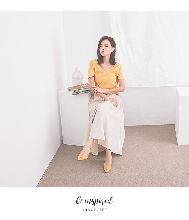 Grace gift-方頭飾釦木紋造型中跟鞋 黃