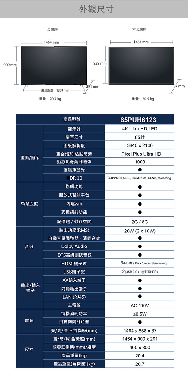 PHILIPS飛利浦 65吋 4K UHD聯網液晶顯示器+視訊盒 65PUH6123